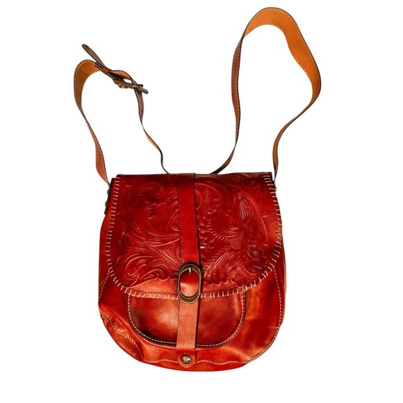 Patricia Nash Italian Leather Saddle Bag Tooled Floral Crossbody Western Boho - Picture 2 of 16